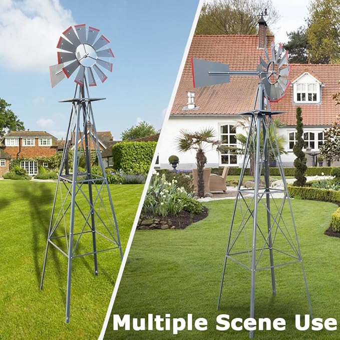 8FT Windmill for Yard Garden Decoration with Weather Vanes，Heavy Duty Outdoor Wind Mills, Large Metal Outdoor Windmill,Weather Resistant,Gray