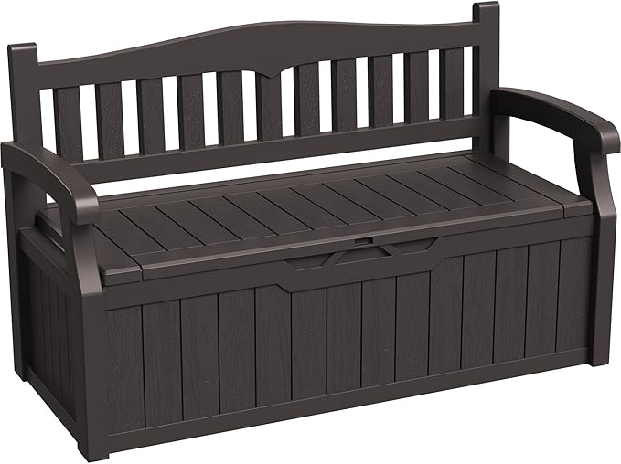 Greesum 80 Gallon Storage Bench Outdoor Deck Box with Armrest, Patio Furniture,Lockable, Waterproof and UV Resistant, Suitable for Garden, Pool, Brown