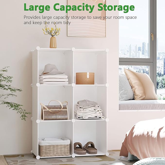 C&AHOME 6-Cube Storage Organizer, Stackable Storage Cubes Shelves, Portable Bookshelf, Plastic Clothing Storage Closet Organizer, DIY Modular Shelving Units for Wardrobe, Home, Milky