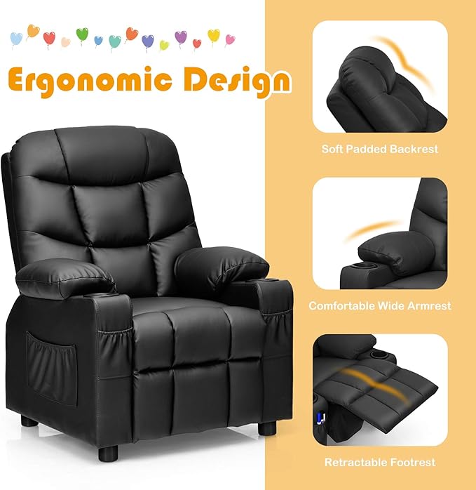 Costzon Kids Recliner Chair with Cup Holder, Adjustable Leather Lounge Chair w/Footrest & Side Pockets for Children Boys Girls Room, Ergonomic Toddler Furniture Sofa, Kids Recliner (Black)