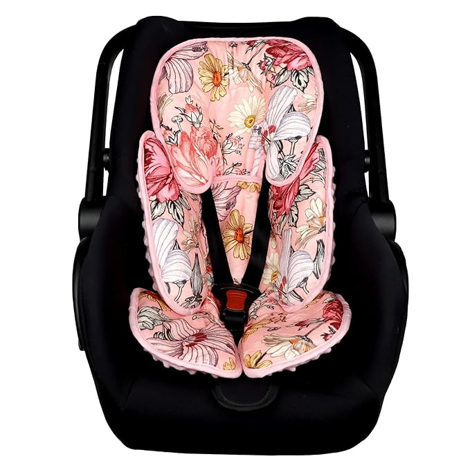 Pink Infant Car Seat Head Body Support Pillow, 2-in-1 Reversible CarSeat Insert,Soft Cushion for Stroller, Swing, Bouncer,Flowers