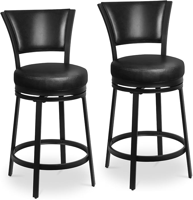 Bar Stools, 25 Inch Metal Counter Height Barstools Set of 2, Faux Leather Round 360° Swivel Bar Chairs with Backrest, Modern Swivel Bar Stool for Kitchen Island, Black