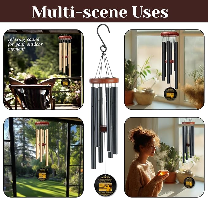 Personalized Military Memorial Wind Chime – “A Hero” Soldier & U.S. Flag Windchime – Custom Engraved Name & Years – Veteran Sympathy Gift – Memorial Windchime for Fallen Hero, Military Tribute Decor