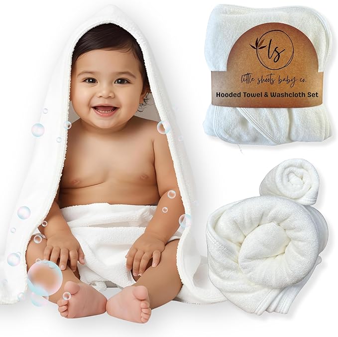 Hooded Baby Toddler Towel and Washcloth Set Made with Viscose from Bamboo, Large Size of 35" x 35", Soft and Absorbent, Baby Essential in White