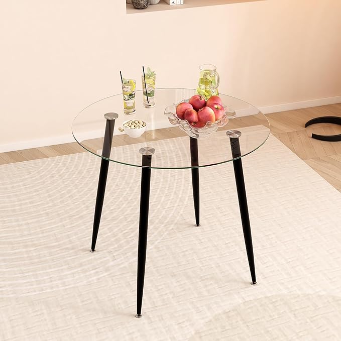 Tempered Glass Dining Table 32 Inch Round Kitchen Table with Black Metal Legs Modern Dinner Table for Dining Room Kitchen Small Space
