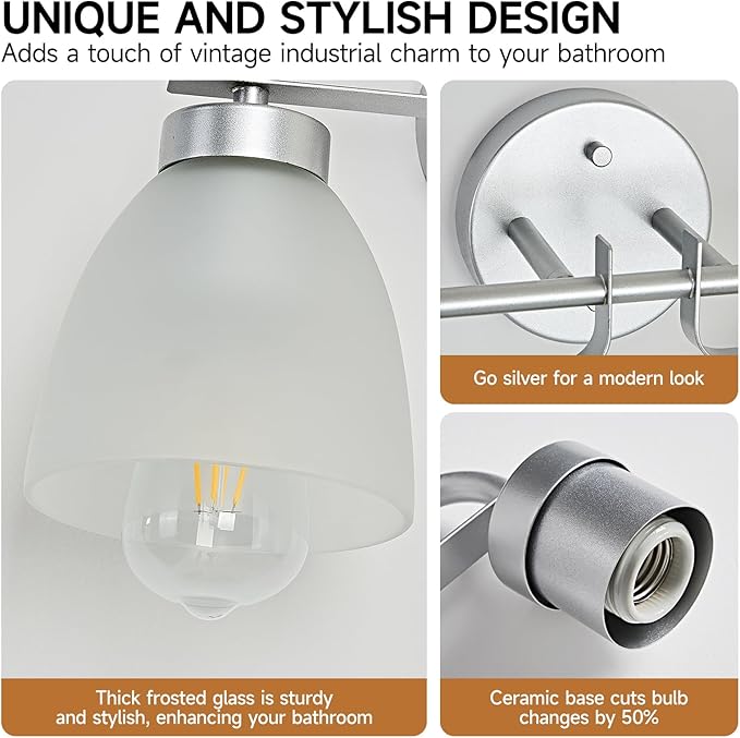 16 Inch Mid-Century Modern Vanity Lights, 2-Light Silver Bathroom Light Fixture with Frosted White Bell Shades, Industrial Wall Sconce for Mirror Over Vanity, Bedroom, Hallway (2 Pack)