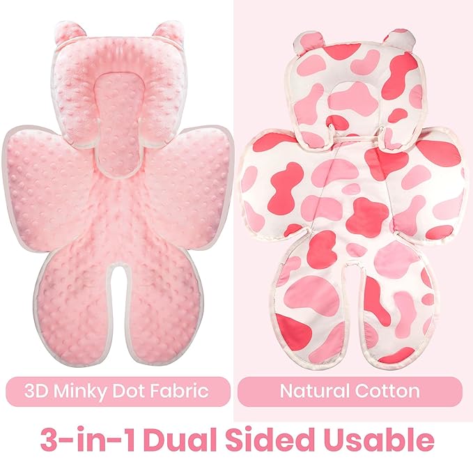 Baby 3in1 Car Seat Head Body Support,Reversible Cotton-Minnky Infant Car Seat Insert Newborn Boys Girls,Soft Breathable Carseat Head Support Pillow Cushion Infant Stroller,Swing,Bouncer(Pink)