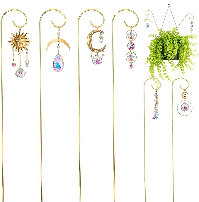 HDCRYSTALGIFTS 6PCS Small Trellis with Crystal Sun Catchers for Potted Plants, 13.5inch Fairy Garden Plant Stakes Suncatchers for Mini Potted Indoor Outdoor Decorations (Sun & Moon Styles)