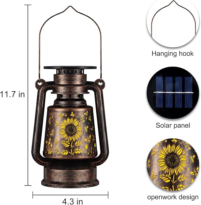 Solar Lantern Outdoor Hanging Vintage LED Waterproof Camping Light with Beautiful Graphics Landscape Decor for Yard,Patio,Porch,Lawn,Tabletop(Sunflower + Bee)