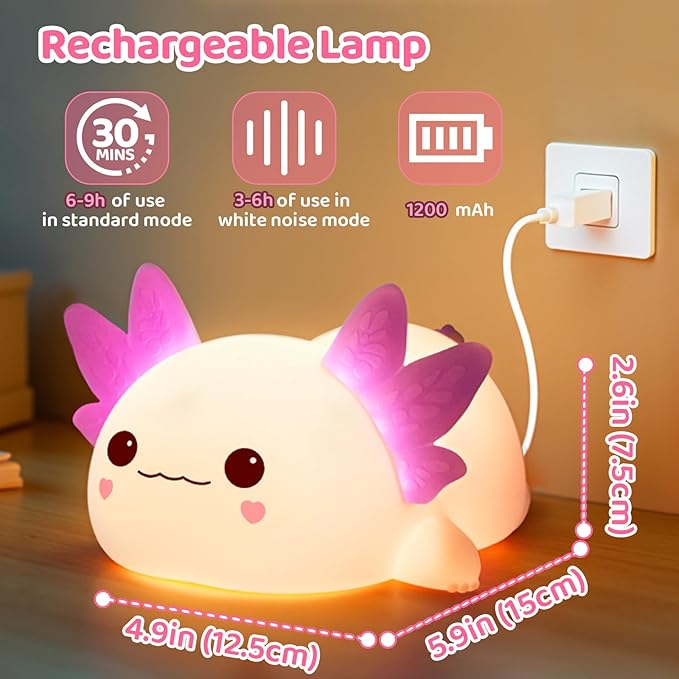 Mewaii Huggwaii Squishy Axolotl Night Light for Kids, 4 Soothing White Noise Sounds, Dimmable Silicone Axolotl Lamp Toddler Light, Upgraded Rechargeable Nightlight,Baby Gifts & Girls Room Decor