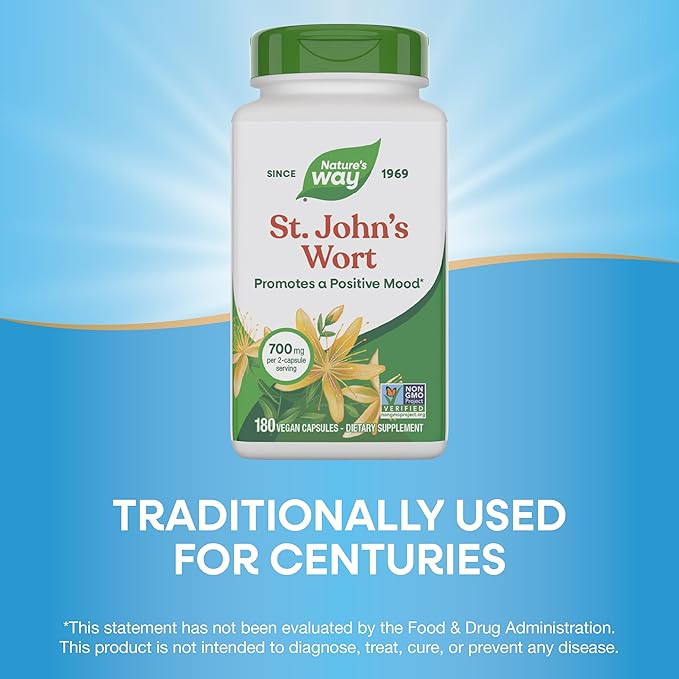 Nature's Way St. John's Wort Herb, Promotes a Positive Outlook*, 700 mg per 2-Capsule Serving, Non-GMO Project Verified, Vegan, 180 Capsules (Packaging May Vary)