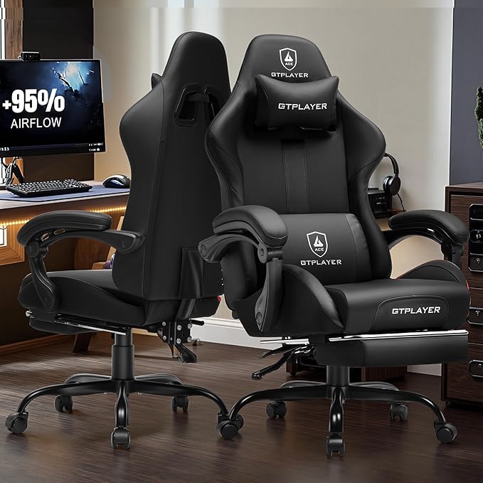 GTRACING Gaming Chair with Foot Rest & Pocket Spring Cushion, Ergonomic High Back Computer Chair with Headrest & 360°-Swivel Seat for Home Office Desk, PU Leather, Black