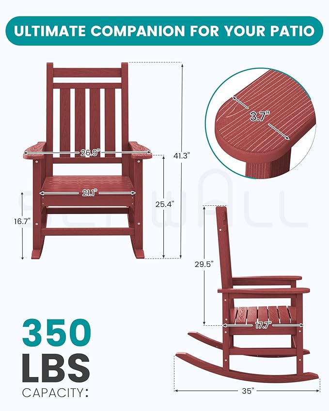 SERWALL Oversized Outdoor Rocking Chair Set of 2, HDPE Rocker for Adults, Patio Rocking Chairs for Porch, Crimson Red