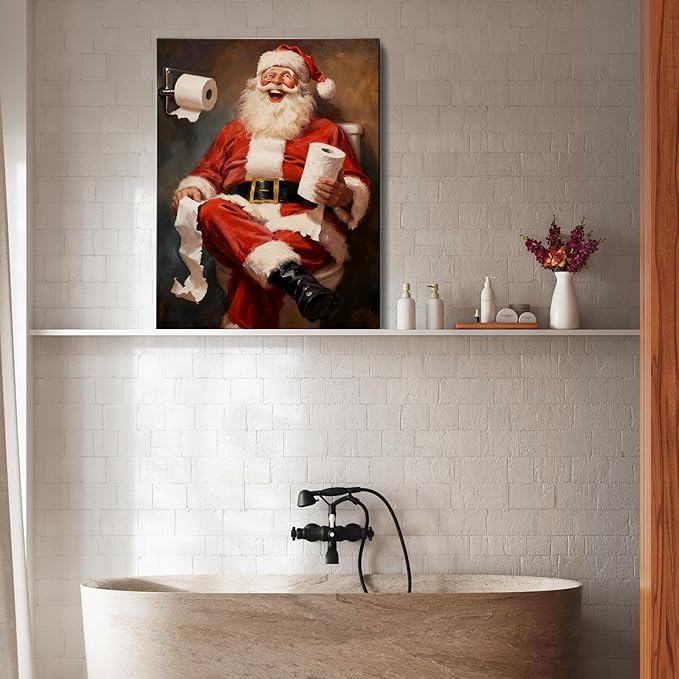 Comical Santa Claus Christmas Canvas Wall Art - Humorous Office & Bathroom Framed Print Ready to Hang, Playful Christmas Gifts for Family, Whimsical Winter Decor & Entertaining Christmas Decorations