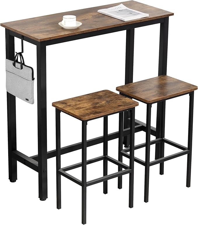 Finnhomy Bar Table Set, 39.3" Pub Table High Top Table, Rectangular Bar Height Table, Bar Table with Stools, Kitchen Table Set for 2, Industrial Breakfast for Kitchen, Living Room, Rustic Brown