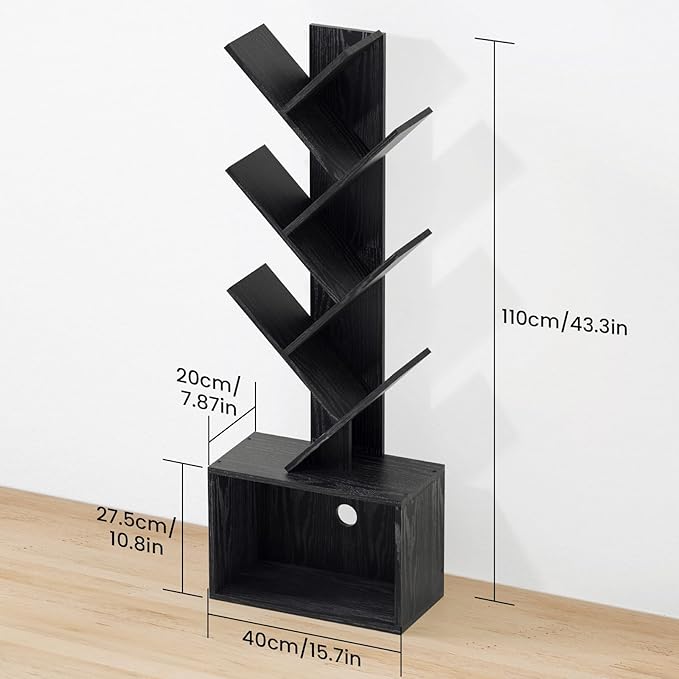 6 Tier Tree Bookshelf, Sturdy Retro Floor Standing Wood Bookcase, Storage Rack for Home Office, Living Room, Bedroom, Reading Spot, Heavy Book Organizer Shelves for CDs/DVDs/Movies, Black