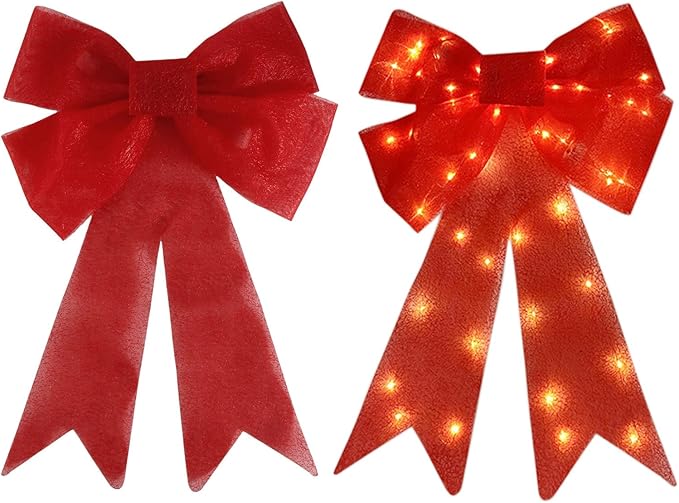 Christmas Bow Decorations Lighted Giant Christmas Bows Decoration 24 Inch Red Xmas Bows with LED Lights Xmas Tree Decorations Wreath Yard Décor Light for Indoor Outdoor Decor (1)