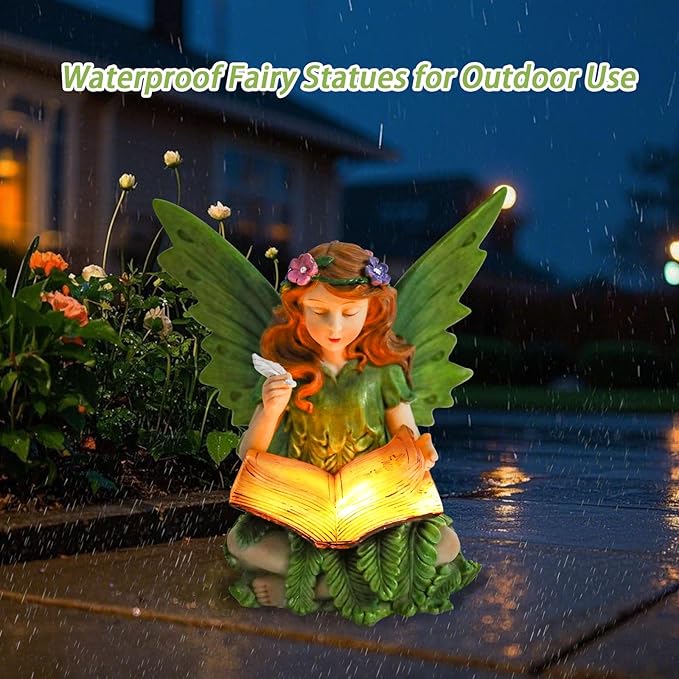 Fairy Garden Statues Outdoor Decor, Solar Fairy Lights Outdoor Lawn Ornaments Resin Sculptures Fairies Garden Decor for Outside Yard Art Patio Porch, Gifts for Women Mom