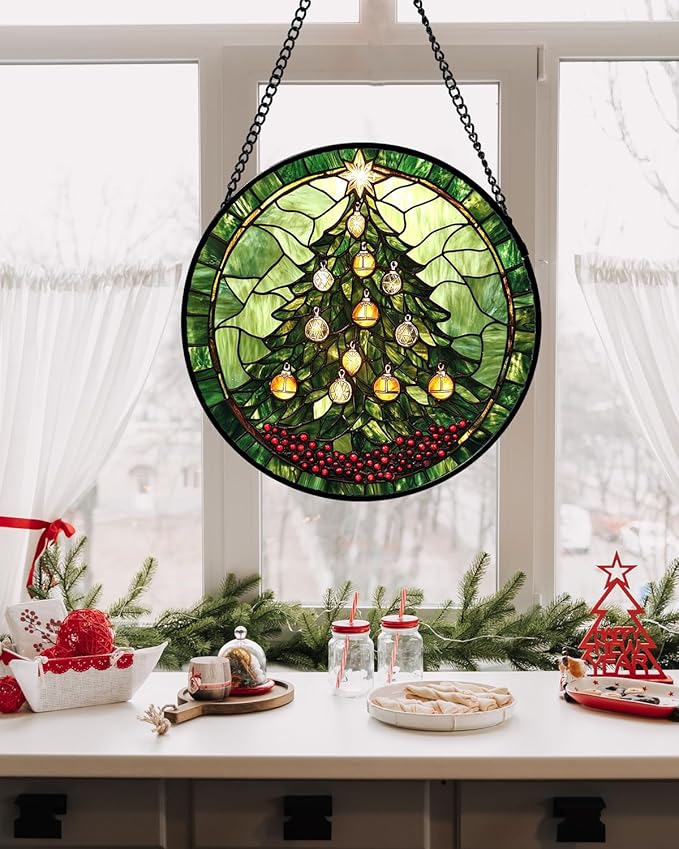 Stained Glass Window Hanging - Green Christmas Tree Golden Bells Suncatcher for Doors Home Christmas Decoration Sun Catcher Thanksgiving New Year Birthday Gift for Women Men Mom Nana 15 in