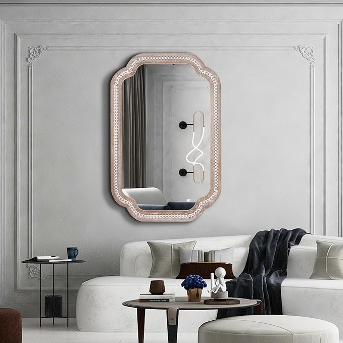 36x24'' Boho Decorative Wall Mirrors with Beaded, Wooden Scalloped Bathroom Mirrors for Over Sink, Farmhouse Style for Bedroom, Living Room, Entryway - Vertical/Horizontal Hanging