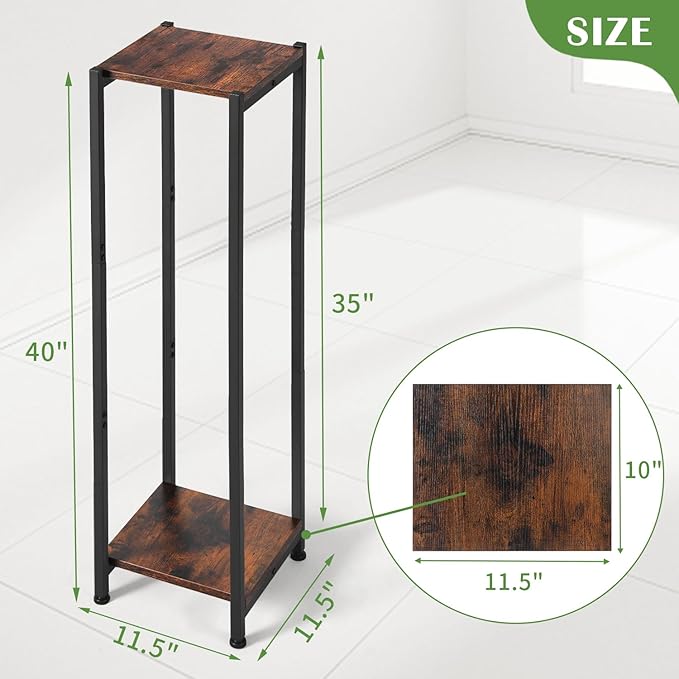 Extra Tall Plant Stand Indoor,40 Inch Plant Stands,2 Tier Metal Plant Stand with Heavy Duty Wood,Rustic Brown and Black
