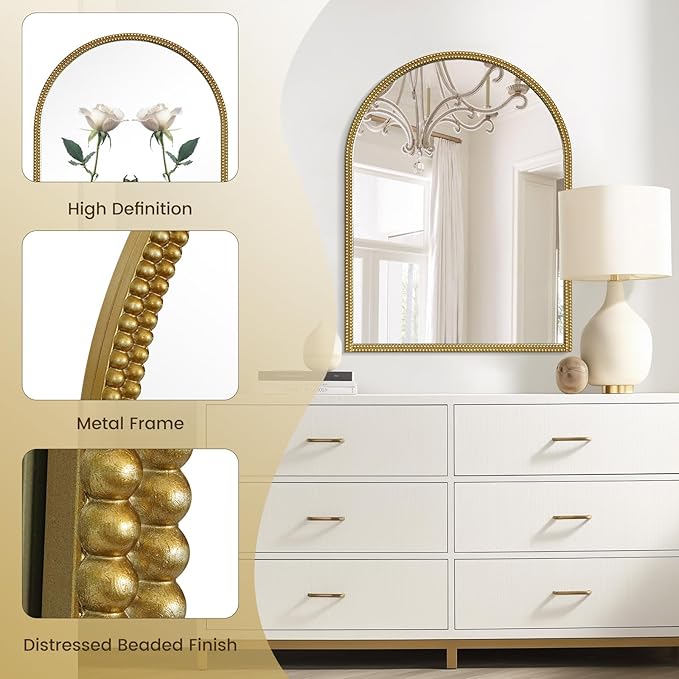 WallBeyond Gold Vintage Mirror for Vanity 24x32 Inch, Gold Antique Mirror with Ornate Beaded Frame for Bathroom, Living Room, Fireplace, Entryway