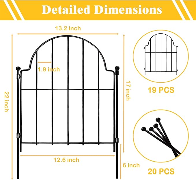 Garden Fence, 22 in(H) x 21 ft(L) Arched Rustproof Metal No Dig Fence Garden Fence Border, Ground Stake Animal Barrier Fence for Rabbit Dog, Outdoor Landscape Decor for Yard & Patio,19 Pack