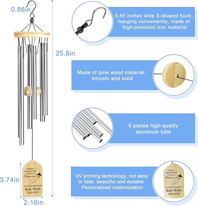 Memorial Wind Chimes - Airplane Themed, Sympathy Gift for Loss of Loved One