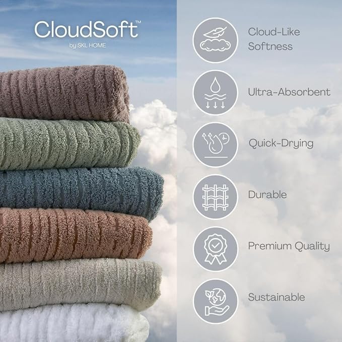 SKL Home CloudSoft 100% Cotton Luxury 6-Piece Towel Set, 600 GSM, Ultra Plush &