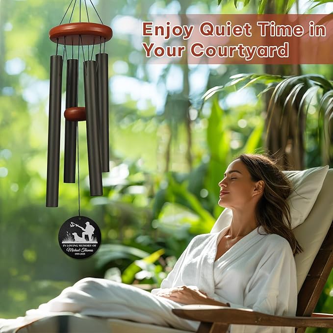 Personalized Hunter & Dog Memorial Wind Chime – “in Loving Memory of” Golden Engraved Hunting Scene – Custom Name & Years Sympathy Gift – Windchimes for Loss of Loved One – Nature Tribute Décor