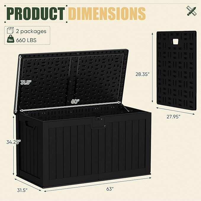 JUMMICO 250 Gallon Outdoor Resin Deck Box with Divider, Waterproof Storage Box with Lockable Lid&Side Handles for Garden Tools, Pools Supplies (Black)