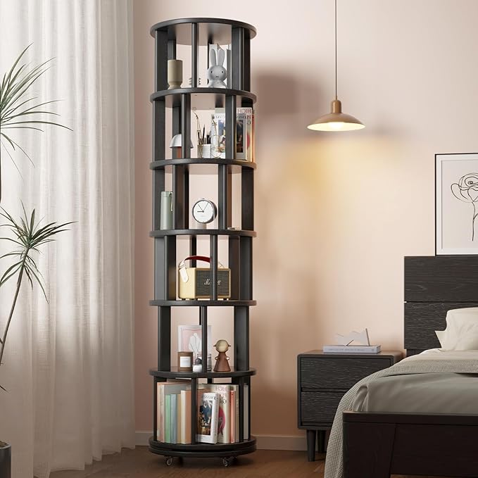 Solid Wood Rotating Bookshelf on Wheels, 6 Tier, Round Revolving Bookcase, 360° Spinning Book Shelf Tower for Kids, Narrow Rolling Bookshelves for Small Space, Corner, Bedroom, Office, Black