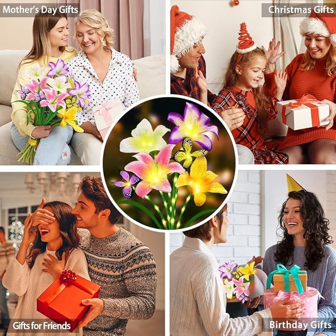 6 Pack Solar Garden Lights LED Solar Lilies Flower Lights, Yard Patio Pathway Decoration High Flexibility Copper Wire Handmade Silk Artificial Flowers Never Wither, Gift for Family Friends