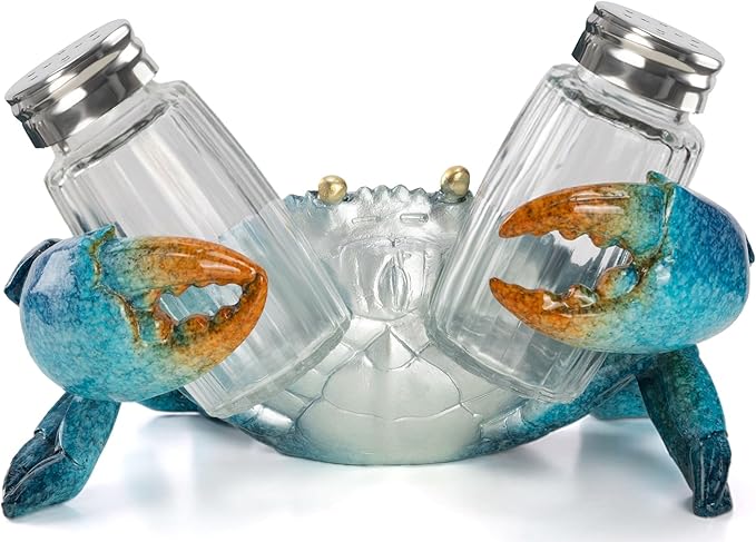Decorative Blue Crab Salt and Pepper Shaker Holder, Coastal Kitchen Decor (Crab)