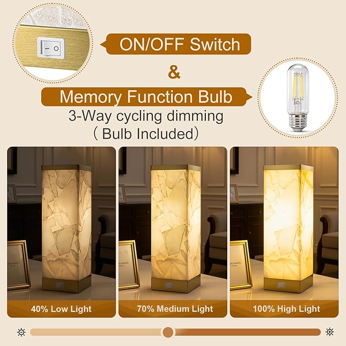 Scenekoy Alabaster Table Lamp for Bedroom Living Room, 3-Way Dimmable Bulb with Memory Function, Modern Bedside Lamps with USB A+C Ports for Nightstand Office Living Room Bedroom(Bulb Included)