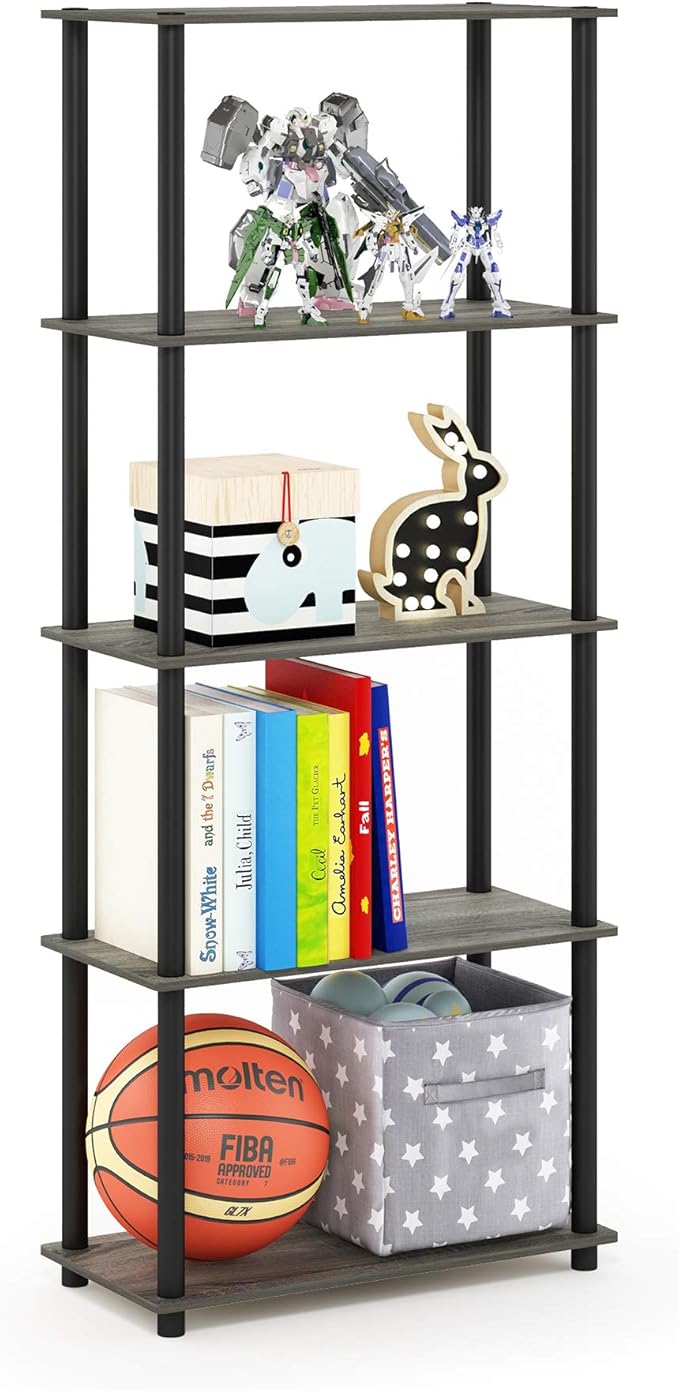 Furinno Turn-N-Tube 5-Tier Multipurpose Shelf / Display Rack / Storage Shelf / Bookshelf, Round Tubes, French Oak Grey/Black