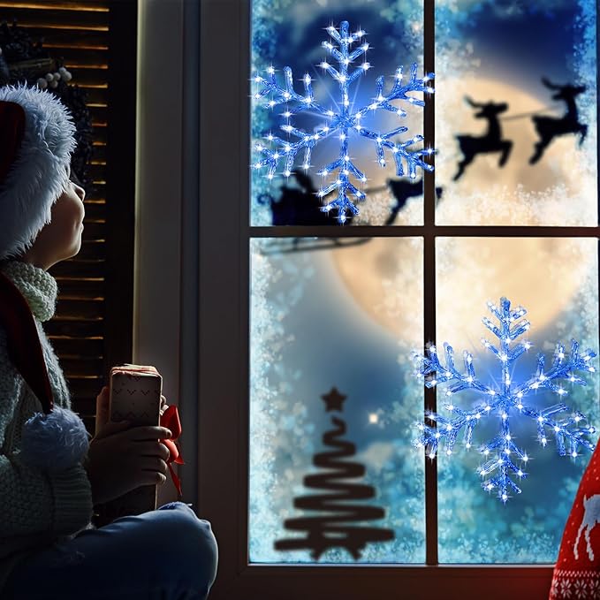 Christmas Window Snowflake Lights Decorations, Battery Operated Led Hanging Iron Lights, 8 Lighting Modes for Home Bedroom Indoor Outdoor Wall Holiday Decor (Blue, 2 Pack)