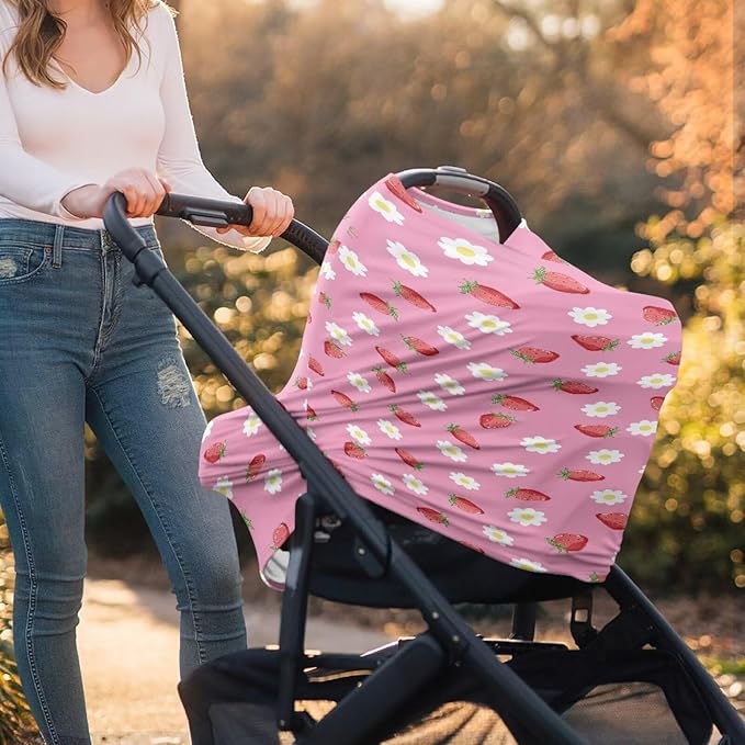 AFPANQZ Strawberry Flower Nursing Cover Breastfeeding Scarf Baby Car Seat Covers for Boys Girls Infant Carseat Canopy Stretchy Soft Breathable Multi-Use Cover Up