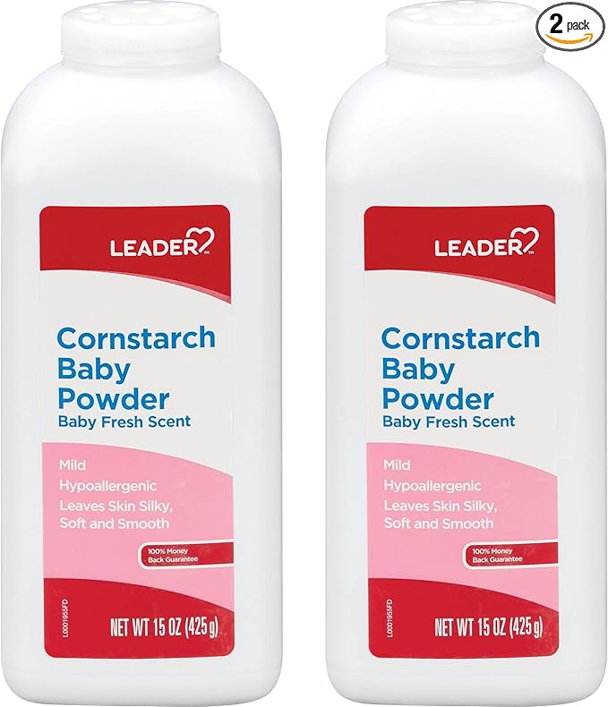 LEADER Cornstarch Baby Powder, Naturally Derived Cornstarch Aloe & Vitamin E, Hypoallergenic, Leaves Skin Silky, Soft and Smooth, Baby Fresh Scent, 15 Ounce (Pack of 2)