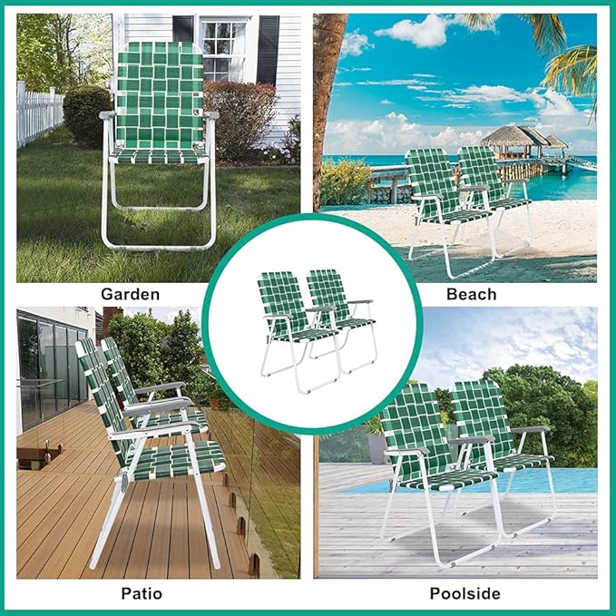 VINGLI Patio Lawn Webbed Folding Chairs Set of 2, Outdoor Beach Chair Portable Dining Chair for Outdoor Yard, Garden (Dark Green, Classic)