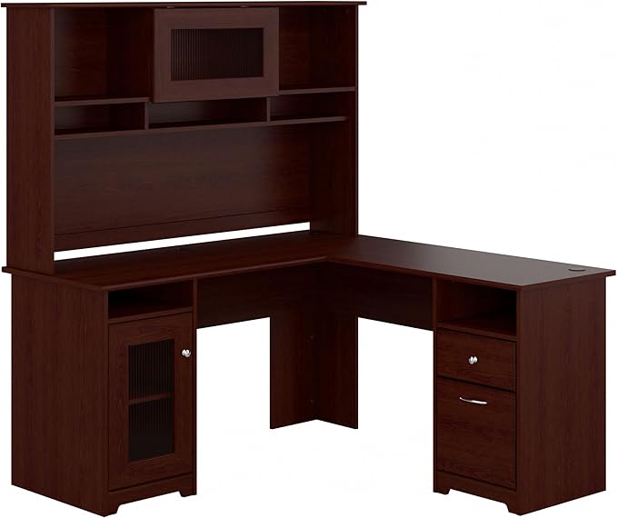 Bush Furniture Cabot L Shaped Computer Hutch, Corner Desk with Storage for Home Office, 60W, Harvest Cherry