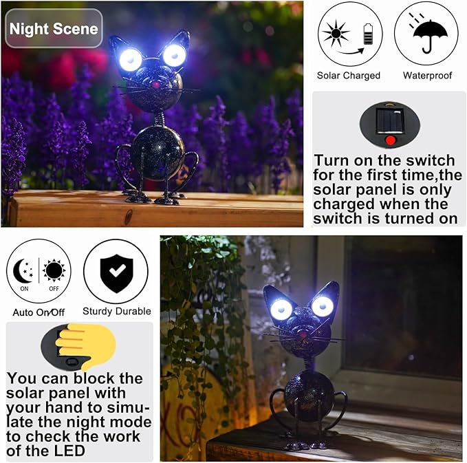Solar Cat Statue Lights Outdoor Metal Yard Art - Funny Cat Statue for Garden Patio Decor Lawn Ornaments