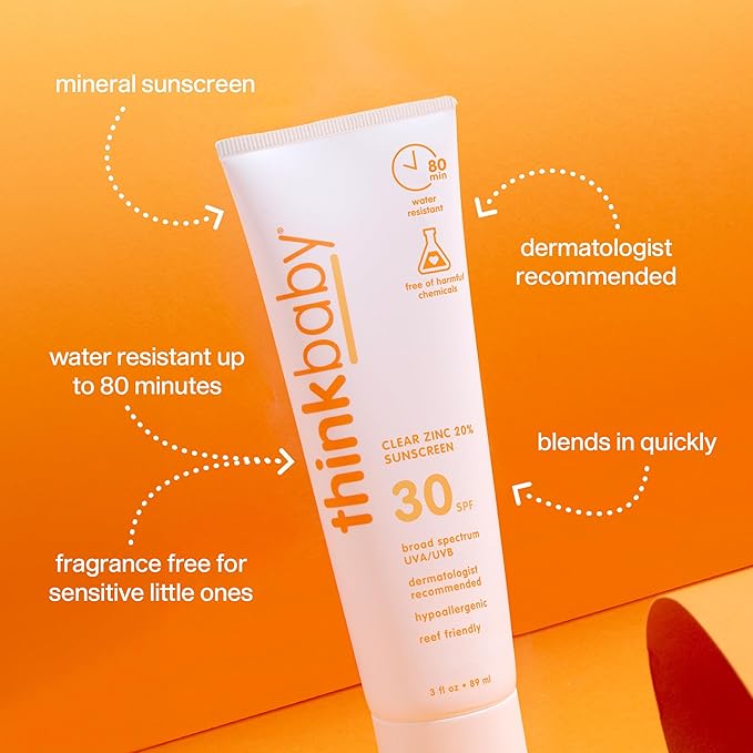 Thinkbaby SPF 30 Mineral Baby Sunscreen, Clear Zinc Oxide, 3 fl oz – Natural, Water Resistant, Kids & Toddler Sun Protection, Reef Safe