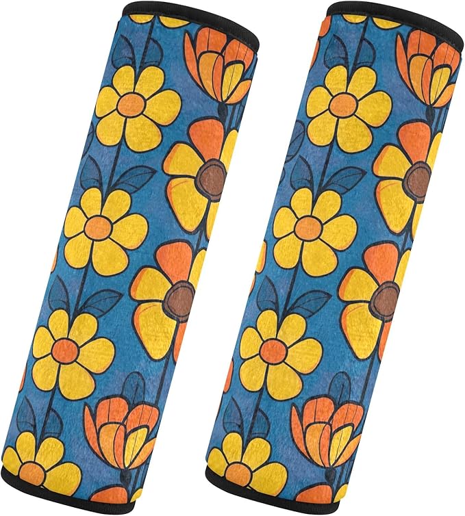 CHIFIGNO Blue and Yellow Hipper Flowers Car Seat Belt Covers Pack of 2 Soft Seat Belt Cushion Cover Shoulder Pad Auto Interior Accessories for Car Bag