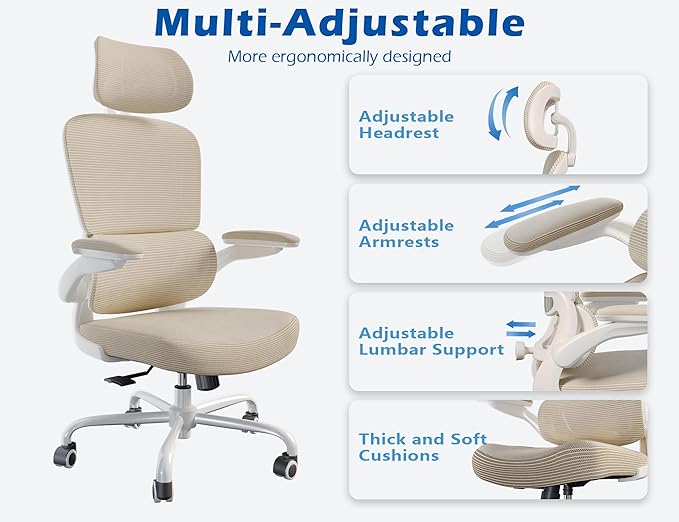 TRALT Ergonomic Office Chair - Desk Chair with Adjustable Headrest Lumbar Support Computer Chair - Mesh Comfy Chair with Flip-up Armrests - Gaming Chairs for Adults Home Office (Leather, Beige)