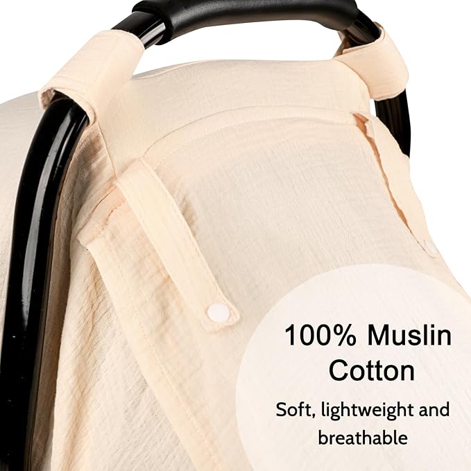 Hooyax Muslin Car Seat Cover Baby - Breathable and Privacy Car Seat Canopy with 3 Modes - Easy Install & Gift Box Packaging, Universal Fit for Infant Car Seats, Apricot