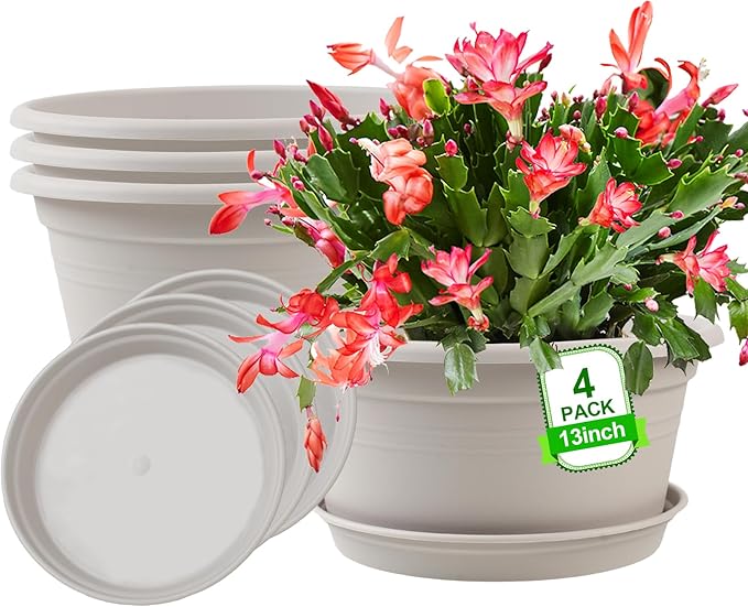 Large 4 Pack 13 inch Plant Pots, Round Plastic Pots for Plants, Outdoor Planters with Drainage Hole & Tray Saucer, Decoration Large Flower Pots for Indoor Outdoor Garden Home Plants (Gray White)