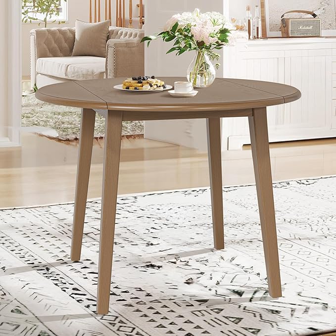 COLAMY 5-Piece Extendable Dining Set for 4, 36" Kitchen Round Wood Table with 4 Nailhead Dining Room Chairs,Light Brown/Beige