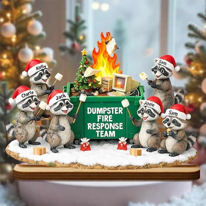 Funny Raccoon Dumpster Fire Response Team Wooden Plaque 2025, Personalized Flaming Dumpster Sign, Custom Name Group Plaque, Matching Holiday Decor for Coworkers
