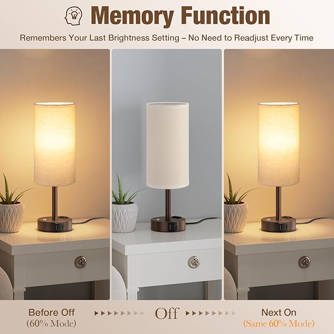 Touch Bedside Table Lamp with Memory - Stepless Dimmable Lamp for Bedroom, Small Nightstand Lamp with Dual USB Charging Ports and AC Outlet, Wood Night Light, Deak Lamp for Nursery (Beige & Brown)